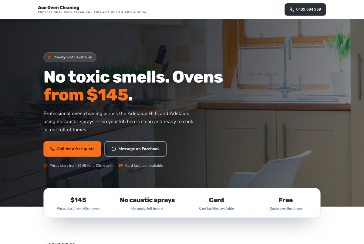 Ace Oven Cleaning website — oven cleaning Adelaide Hills and Adelaide
