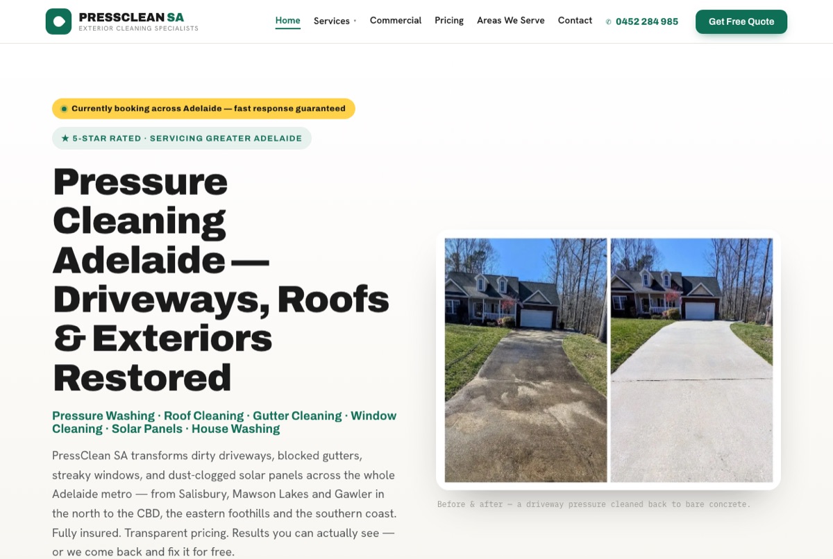 PressClean SA website — pressure cleaning Adelaide
